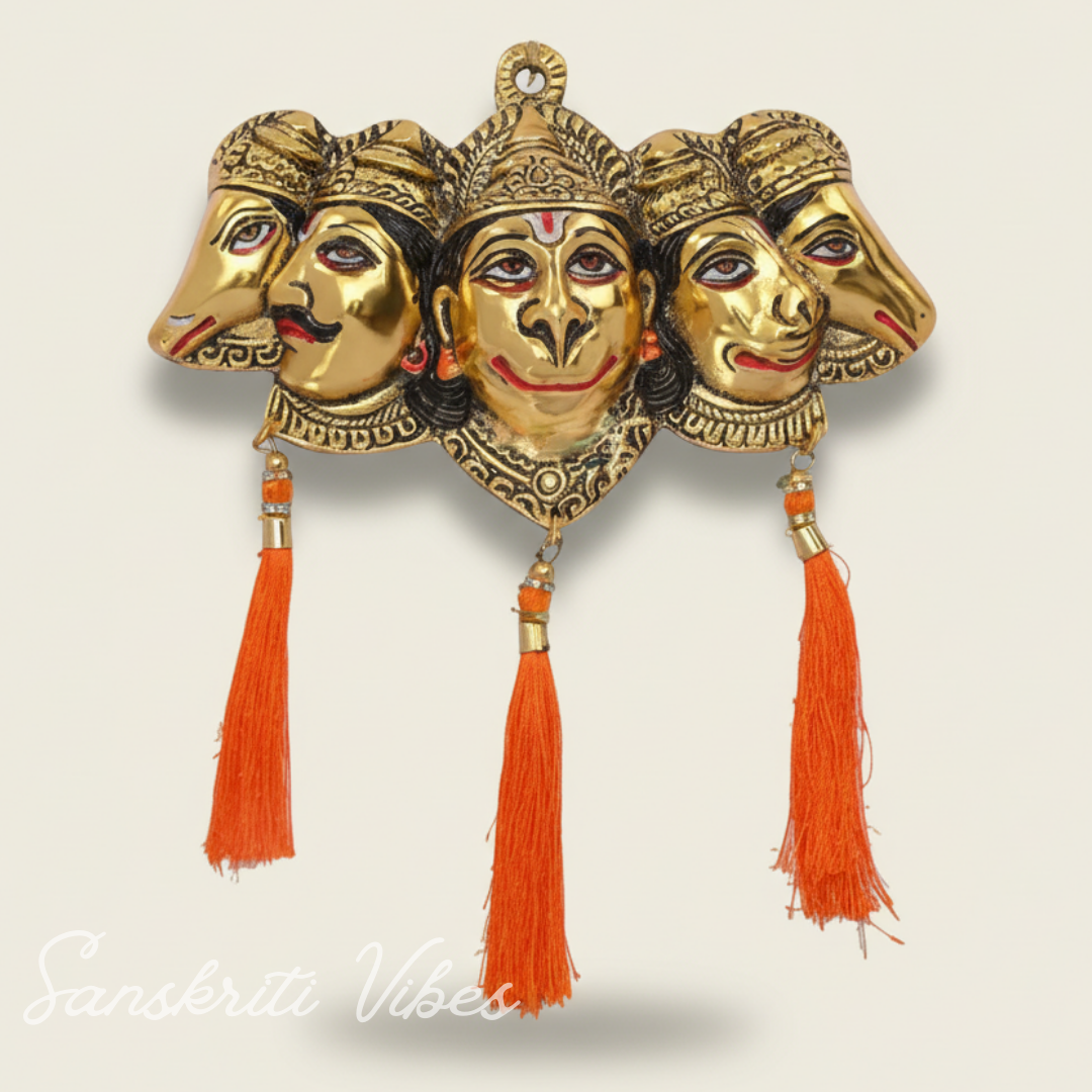 Metal Panchmukhi Hanuman Ji Murti for Door Entrance Statue Wall Hanging Showpiece with Silk Latakan in Gold Finish - Sanskriti Vibes