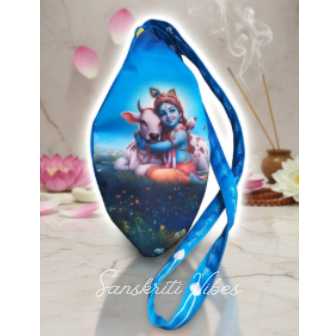 Three-Side Printed Gau Sewa Govinda Seva Japa Bag – Digital Printed Cotton Bead Bag in Blue - Retail Maharaj