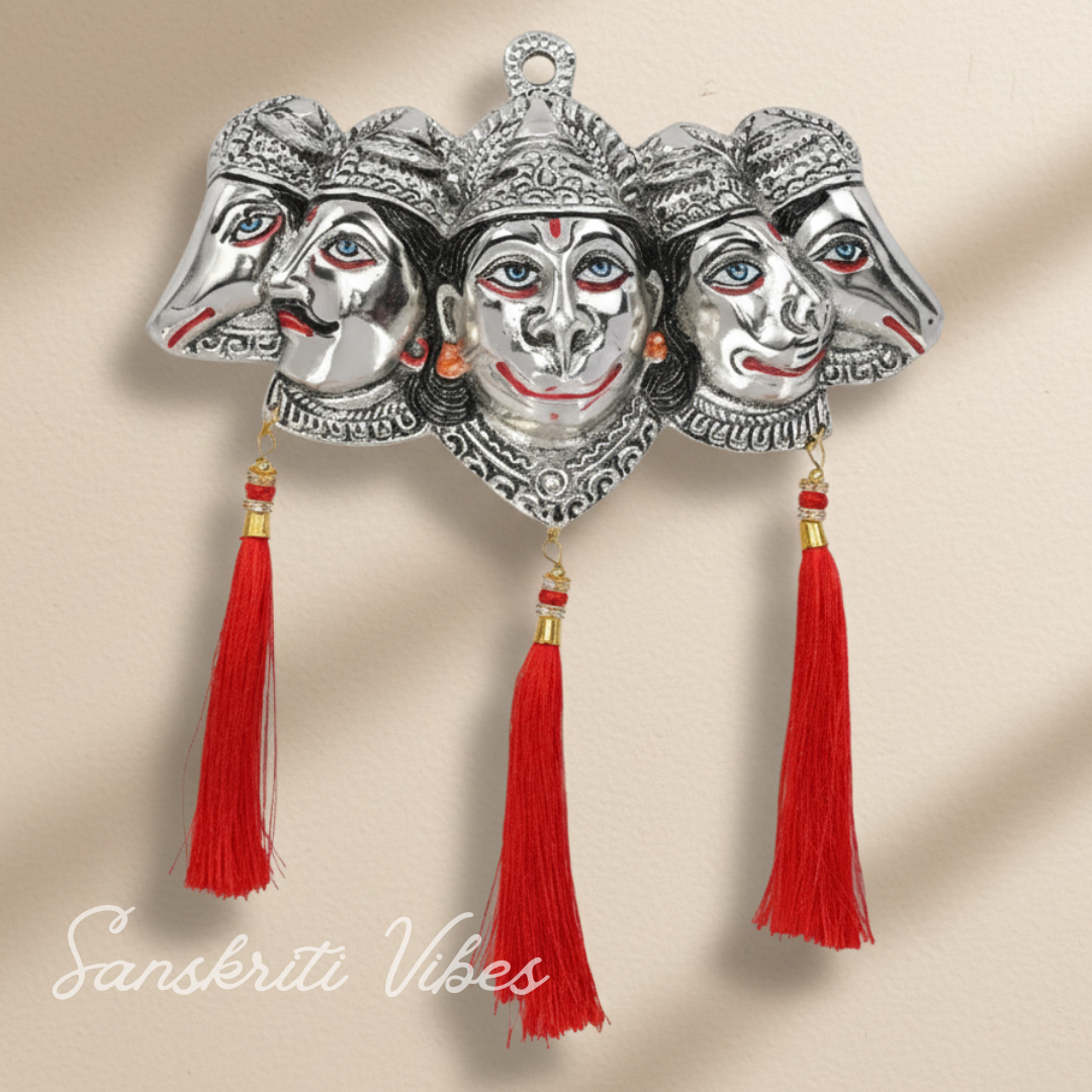 Metal Panchmukhi Hanuman Ji Murti for Door Entrance Statue Wall Hanging Showpiece with Silk Latakan in Gold Finish (Silver) - Sanskriti Vibes
