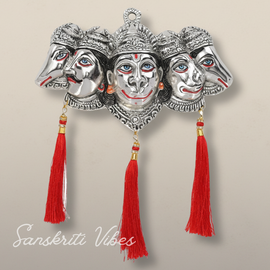 Metal Panchmukhi Hanuman Ji Murti for Door Entrance Statue Wall Hanging Showpiece with Silk Latakan in Gold Finish (Silver) - Sanskriti Vibes