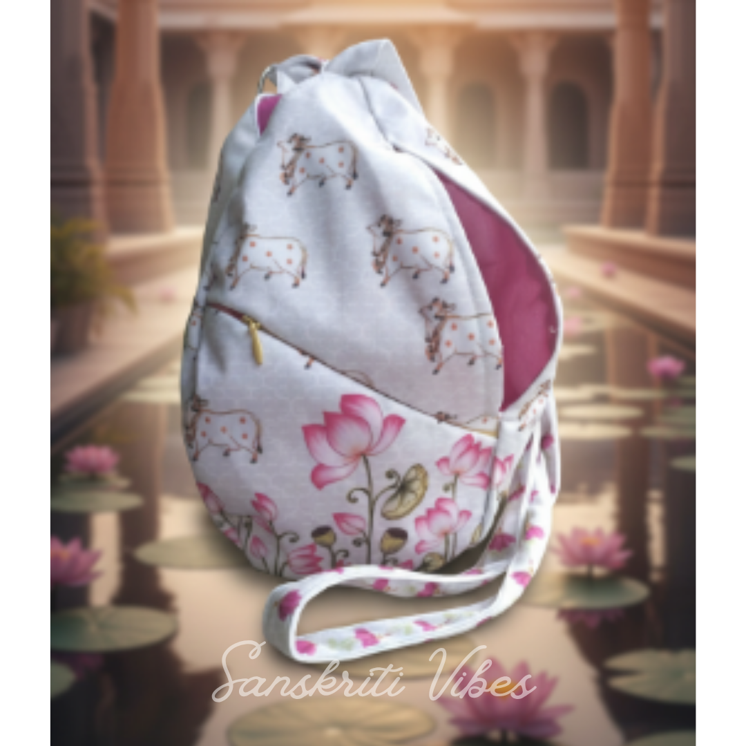Cow with Lotus Print Designer Prayer Bead Bag / Tulasi Japa Bag – Digital Printed Cotton Bag in Pink and White - Retail Maharaj