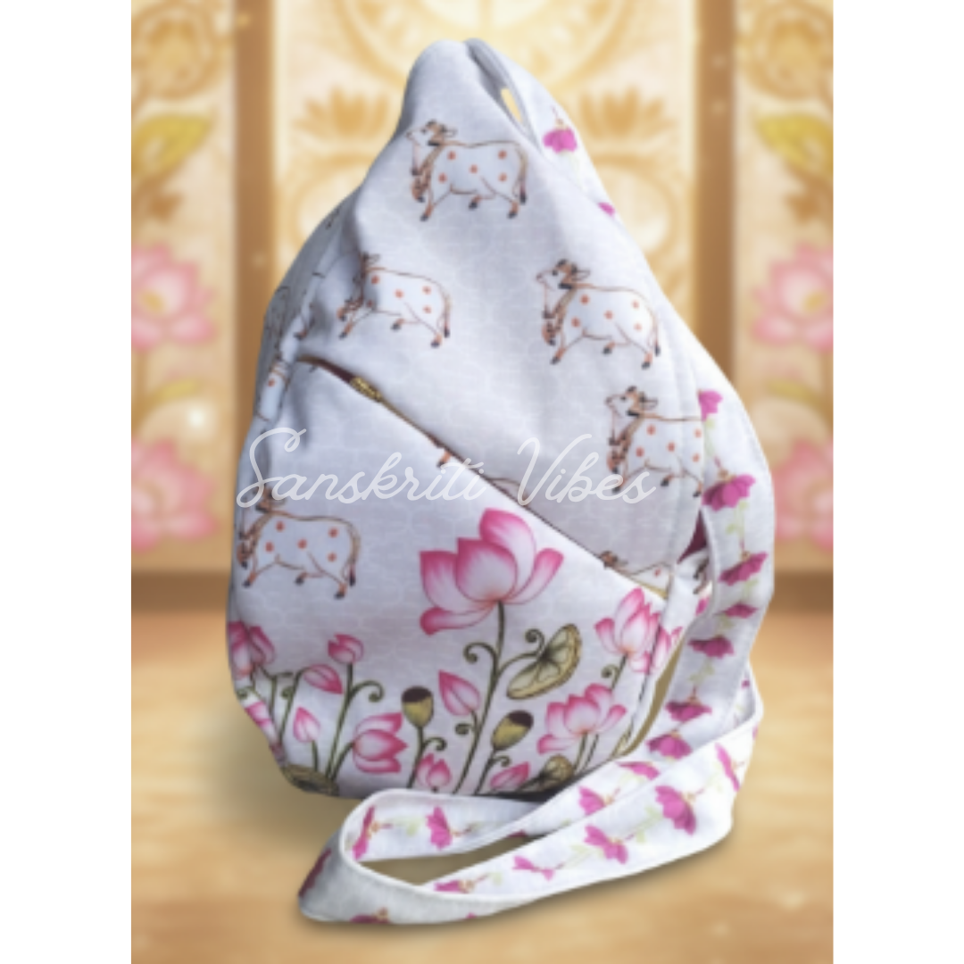 Cow with Lotus Print Designer Prayer Bead Bag / Tulasi Japa Bag – Digital Printed Cotton Bag in Pink and White - Retail Maharaj
