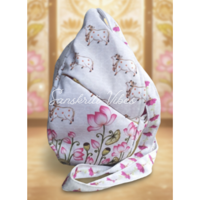 Cow with Lotus Print Designer Prayer Bead Bag / Tulasi Japa Bag – Digital Printed Cotton Bag in Pink and White - Retail Maharaj