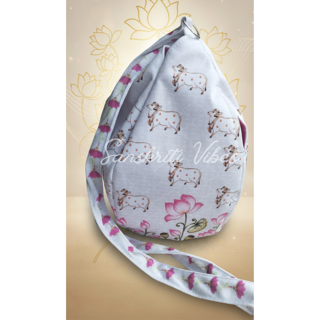 Cow with Lotus Print Designer Prayer Bead Bag / Tulasi Japa Bag – Digital Printed Cotton Bag in Pink and White - Retail Maharaj