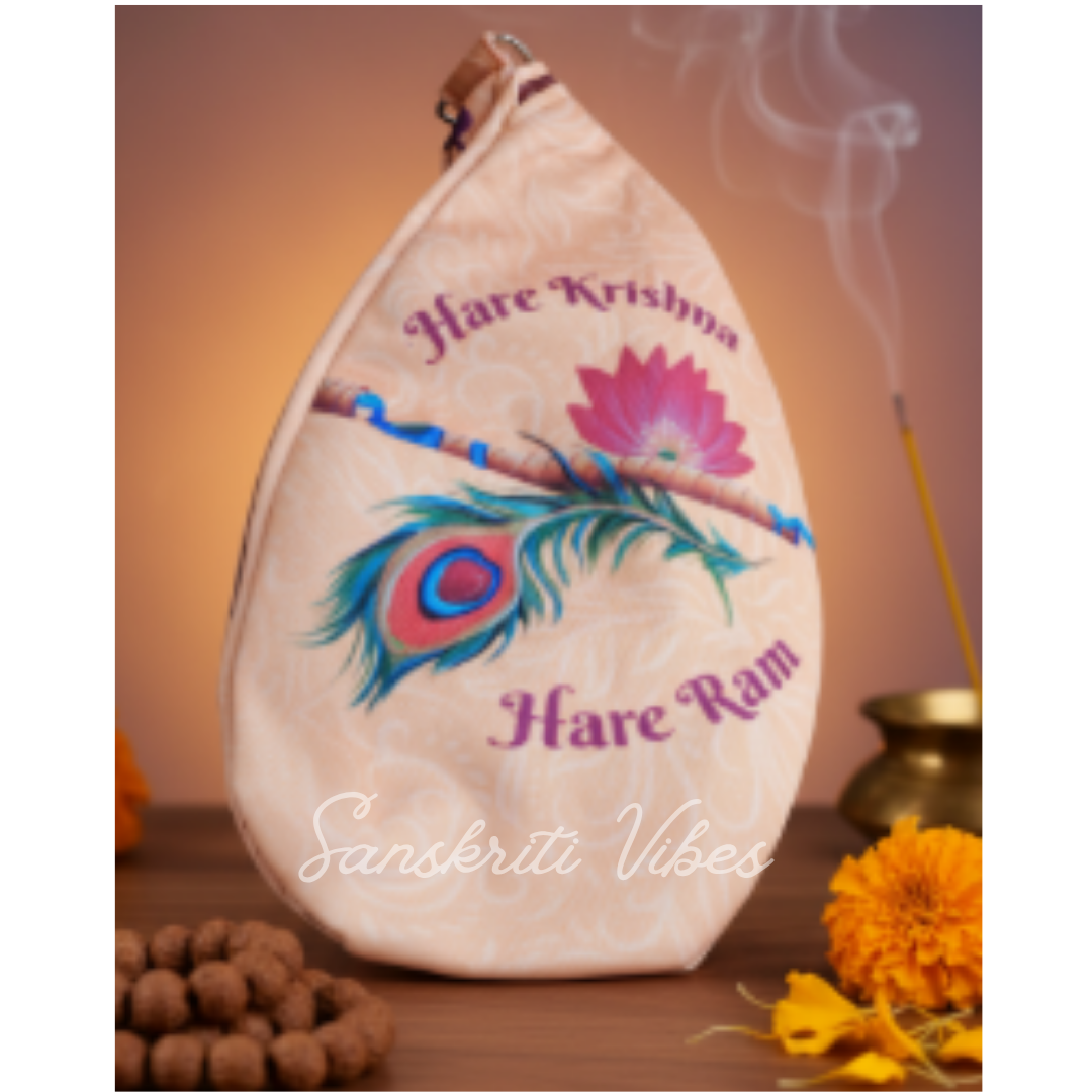 Hare Krishna Hare Ram Jholi Bead Bag – Three-Sided Digital Printed Premium Bag for Spiritual Practices - Retail Maharaj