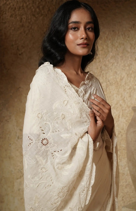 Handwoven Muslin Cotton Saree – Hand Embroidered in Ivory - Retail Maharaj