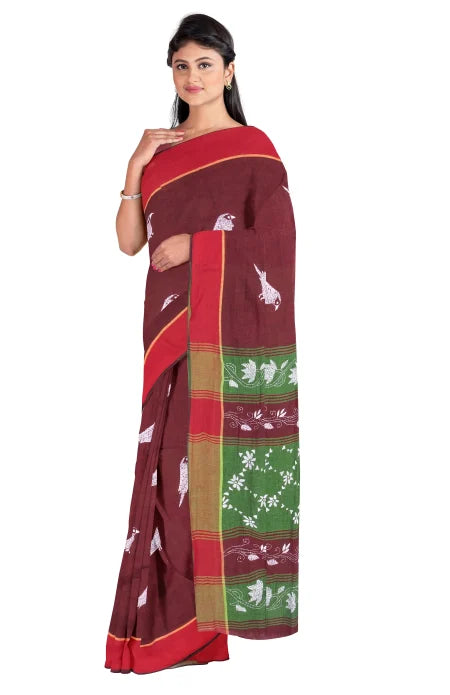 Kantha Cotton Saree – Maroon - Retail Maharaj