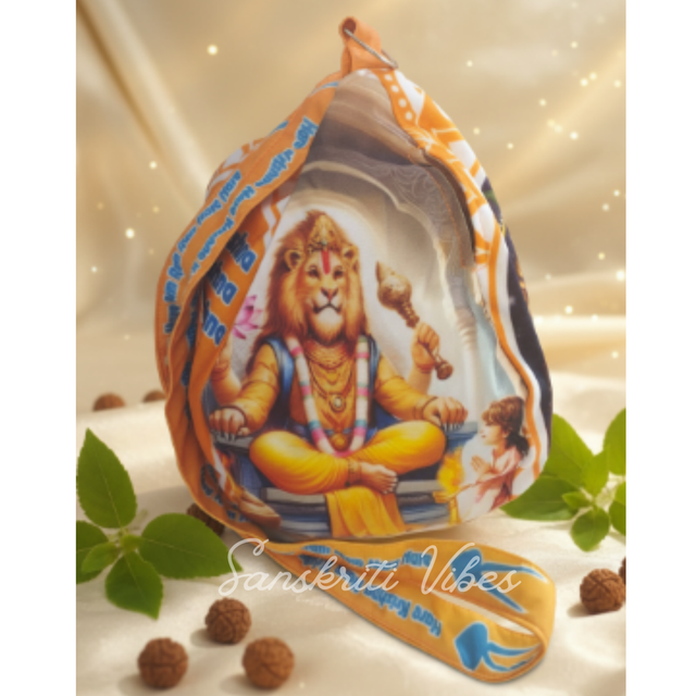 Lord Narasimha (Gomukhi) Jholi Bead Bag – Three-Sided Printed Premium Cotton Bag for Spiritual Practices - Retail Maharaj