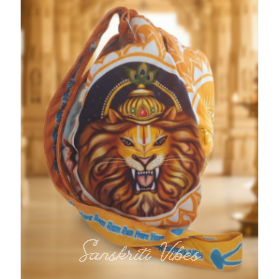 Lord Narasimha (Gomukhi) Jholi Bead Bag – Three-Sided Printed Premium Cotton Bag for Spiritual Practices - Retail Maharaj