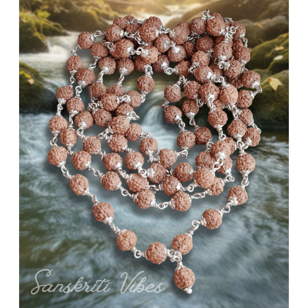 Rudraksha 108 Beads Mala with Silver Caps Premium Japa Mala for Meditation and Spiritual Healing