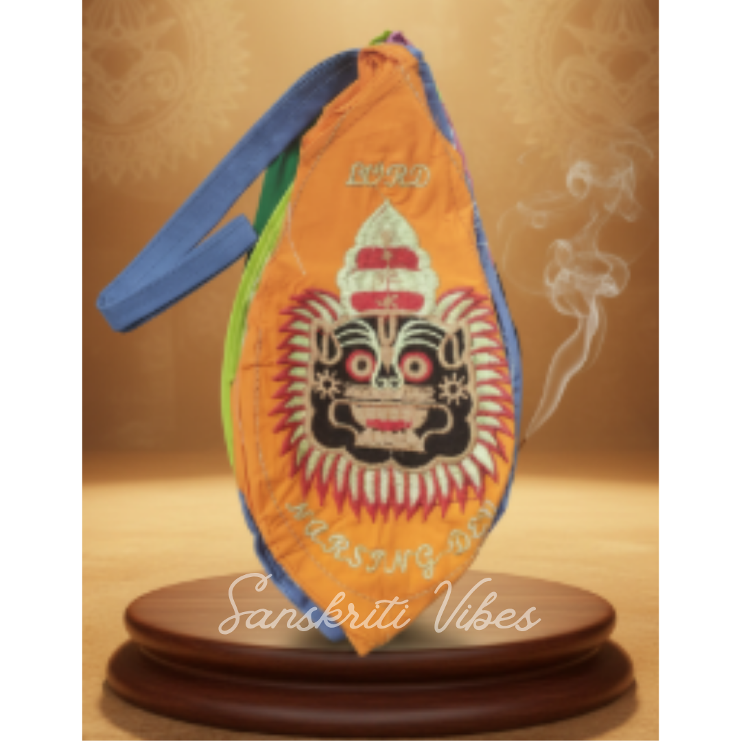 Narsimha Lord Chand Bead Bag in Cotton Fabric – Embroidered Japa Bag for Spiritual Practices - Retail Maharaj