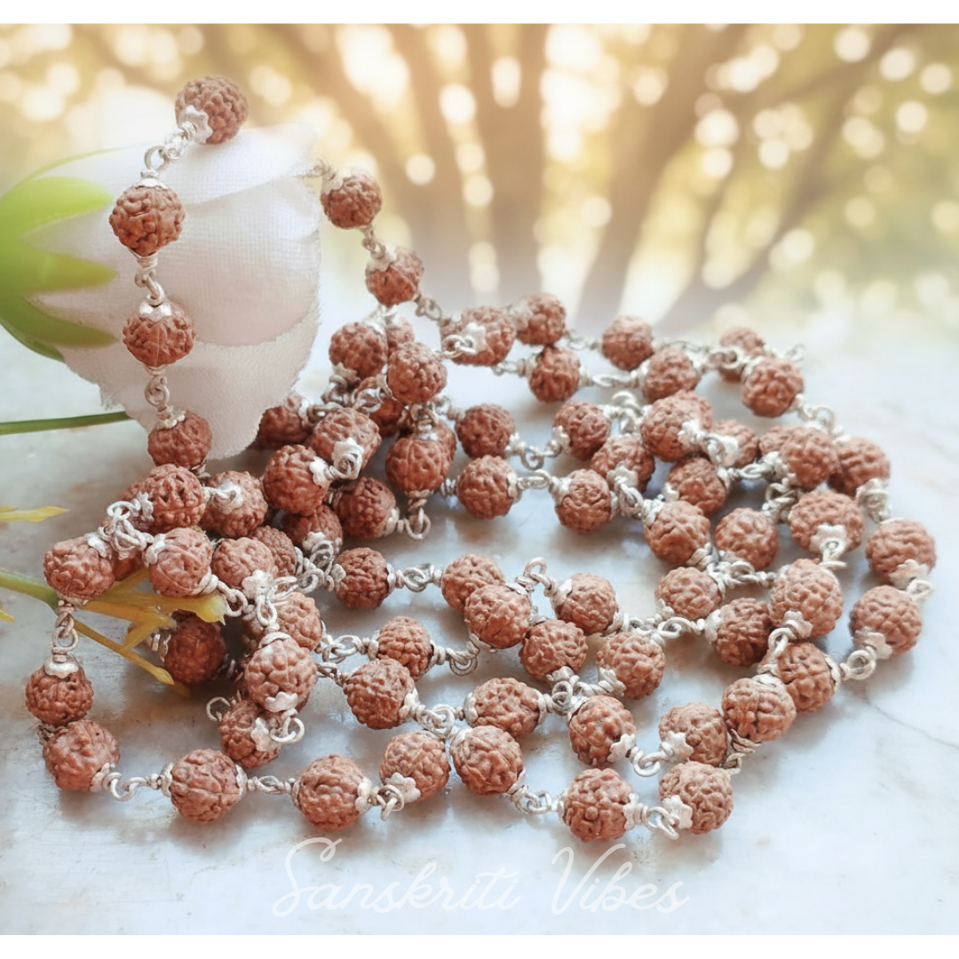 Rudraksha 108 Beads Mala with Silver Caps Premium Japa Mala for Meditation and Spiritual Healing