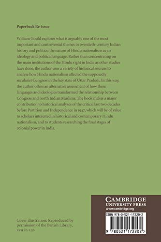 Hindu Nationalism and the Language of Politics in Late Colonial India: 11 (Cambridge Studies in Indian History and Society)