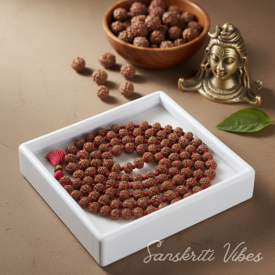 6 mm Knotted Rudraksha Mala 108 plus 1 Prayer Beads Long Red Tassel Spiritual Necklace for Men and Women
