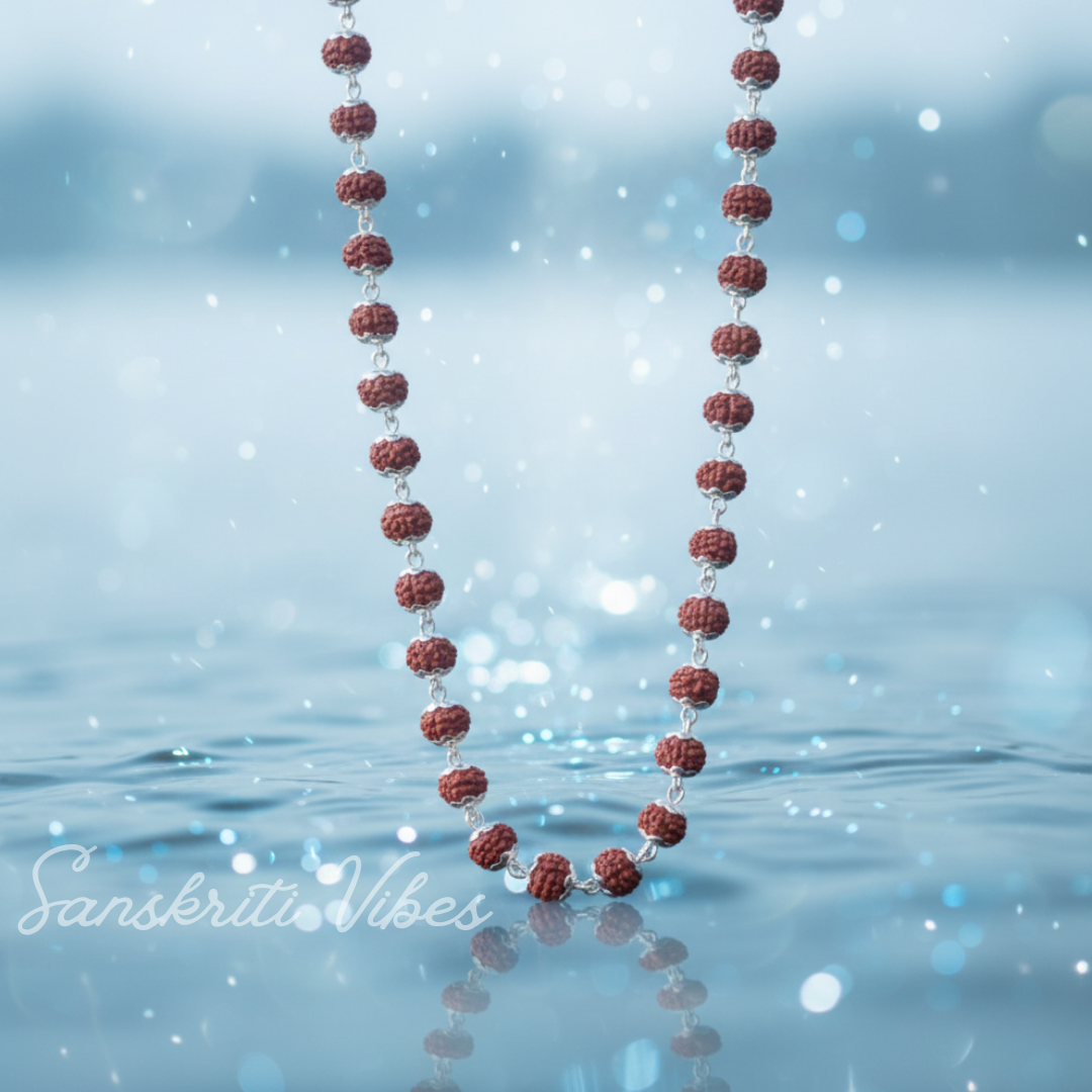 108 plus 1 Rudraksha Guru Beads Mala with Silver Flower Caps for Meditation and Spiritual Healing