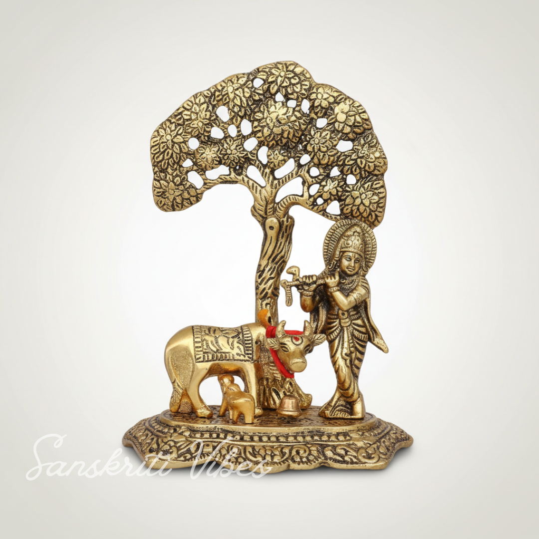 Kamdhenu Cow with Krishna Standing Under Tree Playing Flute – Metal Decorative Statue by Sanskriti Vibes | Glossy Finish for Home Temple & Pooja