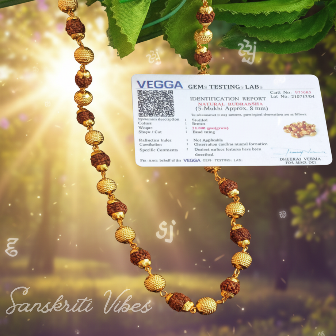 Golden 5 Mukhi Rudraksha Mala for Men and Women Lab Certified Spiritual Beads Necklace for Puja Meditation and Daily Wear - Retail Maharaj
