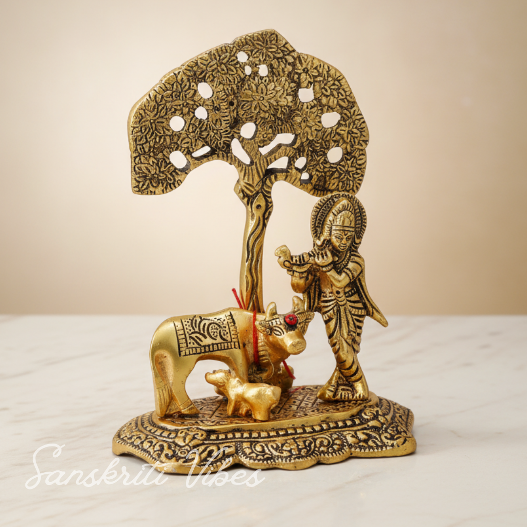 Kamdhenu Cow with Krishna Standing Under Tree Playing Flute – Metal Decorative Statue by Sanskriti Vibes | Glossy Finish for Home Temple & Pooja