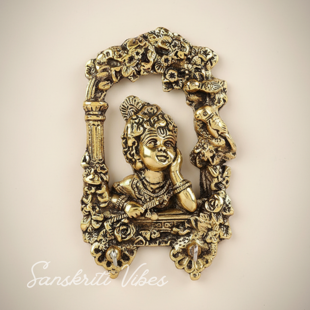 Metal Krishna Frame Key Holder for Wall Decoration with Multiple Hooks for Home Aluminium Decorative Key Stand