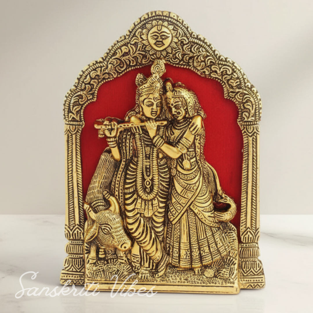 Handcrafted Antique Golden Radha Krishna With Cow Thin Metal Frame Wall Hanging and Table Decorative Showpiece 21.6 cm Aluminium Art by Sanskriti Vibes