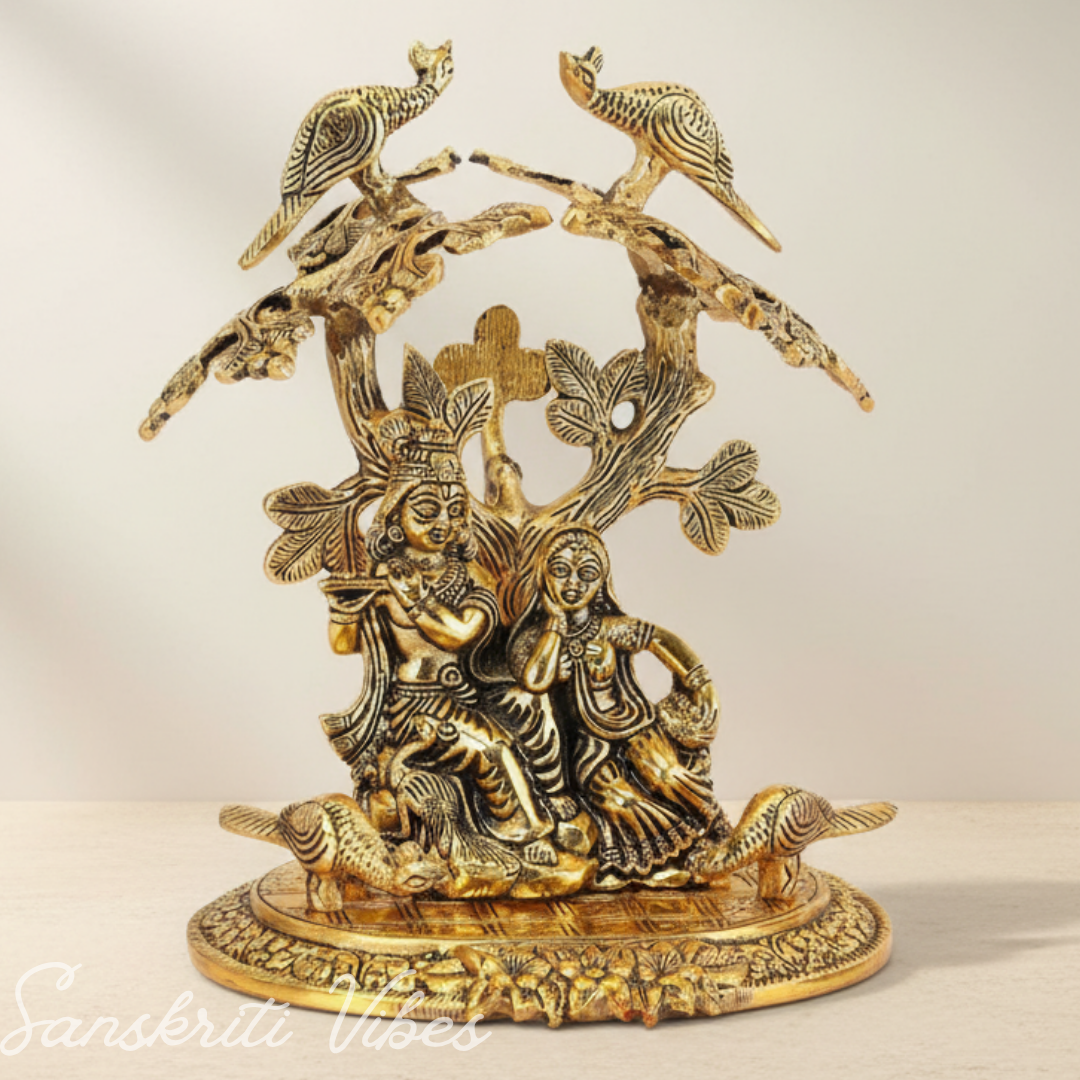 Radha Krishna Sitting Under Tree with Flute | Gold-Plated Aluminium Showpiece Idol for Home Décor & Gifting