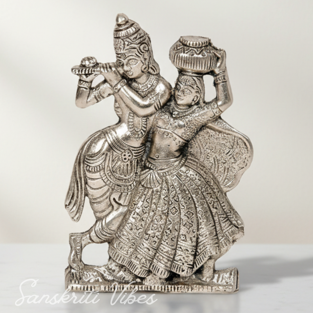 White Metal Dancing Radha Krishna Decorative Showpiece for Home Decor and Gifting 15 cm Aluminium Idol