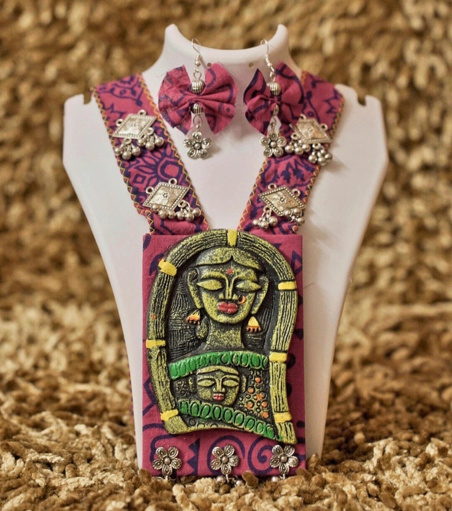 Tribal Muse Statement Necklace Set – Handcrafted Folk Art Pendant with Terracotta, Fabric, and Beads - Retail Maharaj