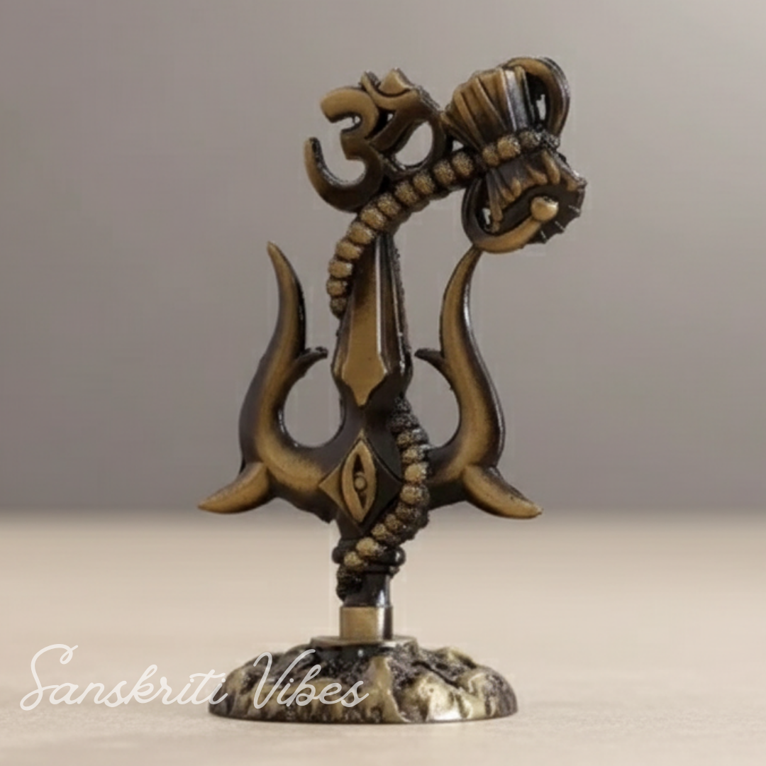 Metal Shiv Shakti Trishul with Damru Om Rudraksha Symbol Statue for Home Decor Puja Mandir Temple Vastu Spiritual Showpiece 9.5 cm