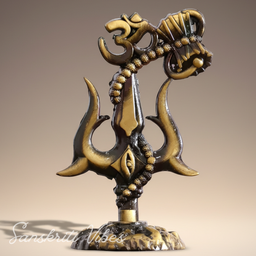 Metal Shiv Shakti Trishul with Damru Om Rudraksha Symbol Statue for Home Decor Puja Mandir Temple Vastu Spiritual Showpiece 9.5 cm