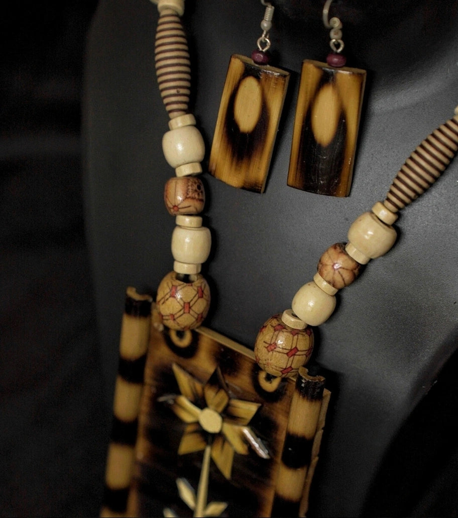 Rustic Floral Bamboo Necklace Set – Earthy Elegance | Handcrafted Eco-Friendly Jewelry - Retail Maharaj