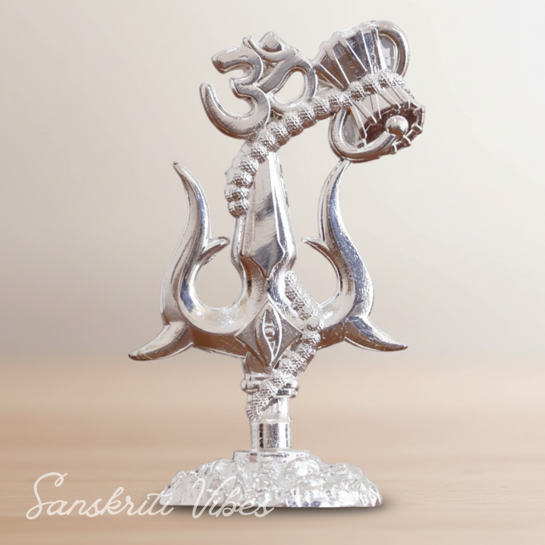 Metal Shiv Shakti Om Trishul Damru Rudraksha Symbol Idol Statue for Home Decor Mandir Puja Meditation Vastu Showpiece Antique Silver Finish 9.5 cm