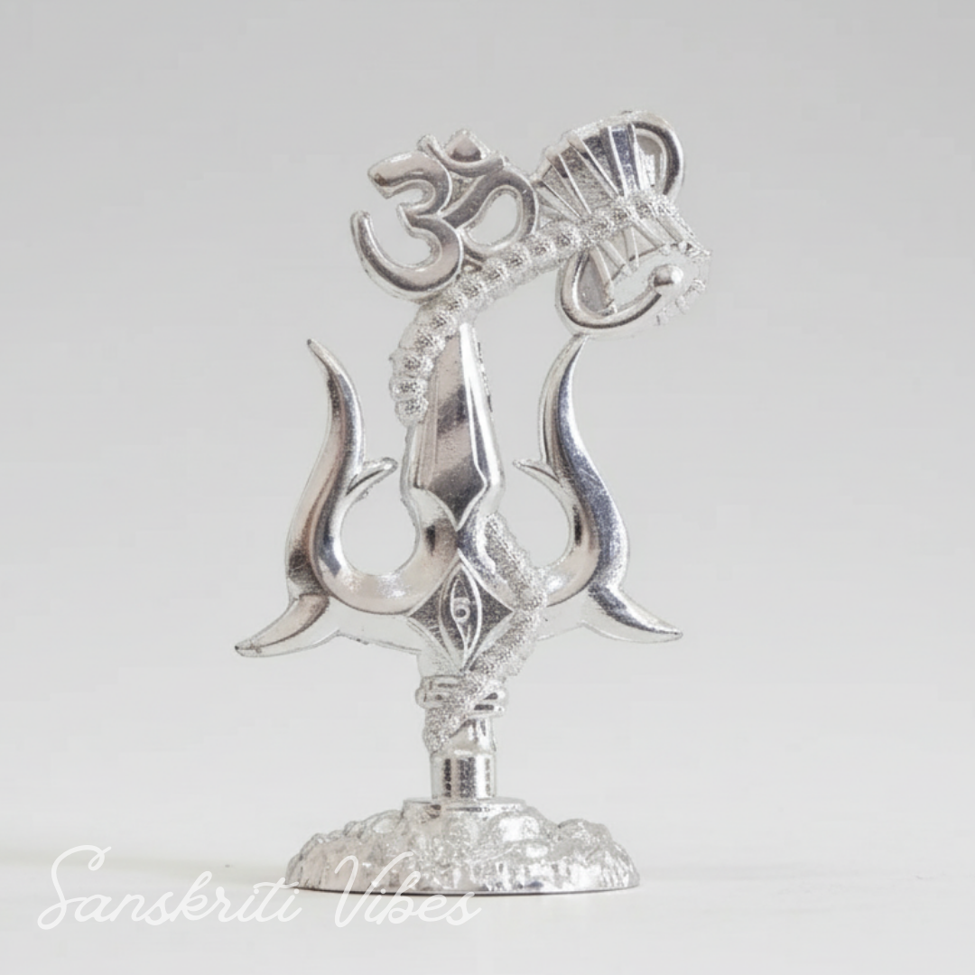 Metal Shiv Shakti Om Trishul Damru Rudraksha Symbol Idol Statue for Home Decor Mandir Puja Meditation Vastu Showpiece Antique Silver Finish 9.5 cm