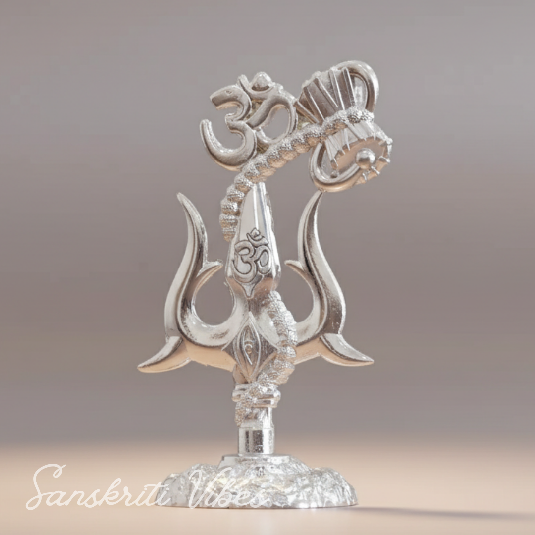 Metal Shiv Shakti Om Trishul Damru Rudraksha Symbol Idol Statue for Home Decor Mandir Puja Meditation Vastu Showpiece Antique Silver Finish 9.5 cm