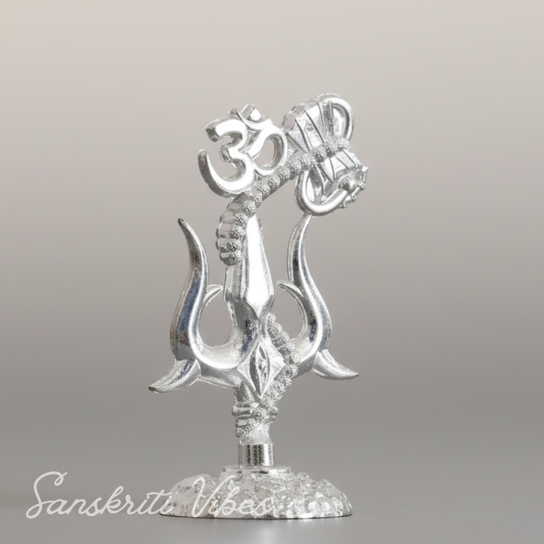 Metal Shiv Shakti Om Trishul Damru Rudraksha Symbol Idol Statue for Home Decor Mandir Puja Meditation Vastu Showpiece Antique Silver Finish 9.5 cm