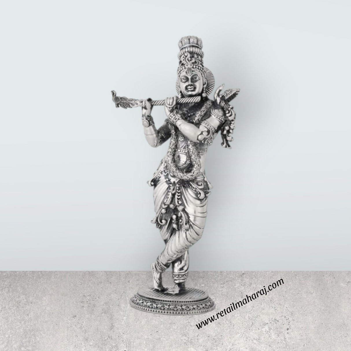Flute Krishna Murti Standing On Base – 7.5 x 3.5 Inches German Silver & Antique Polish Krishna Idol for Worship - Retail Maharaj