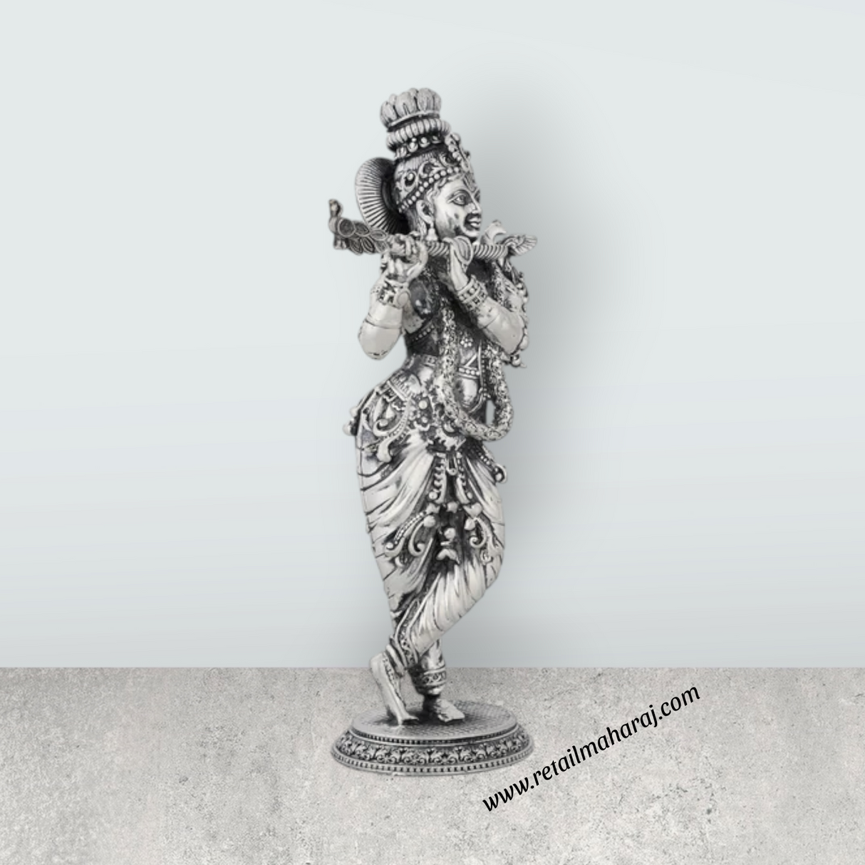 Flute Krishna Murti Standing On Base – 7.5 x 3.5 Inches German Silver & Antique Polish Krishna Idol for Worship - Retail Maharaj