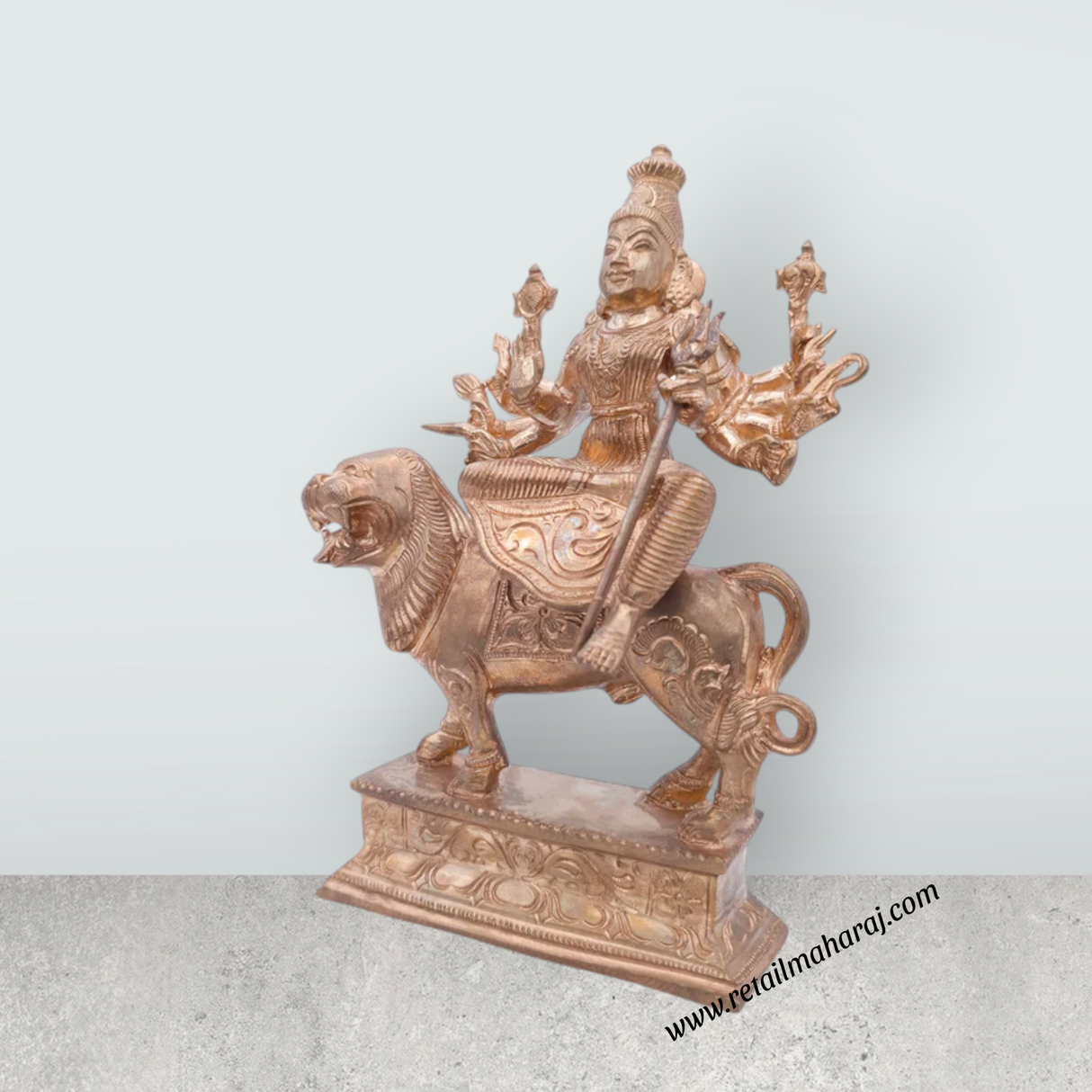 Durga Idol Sitting On Lion - 10 x 6 Inches | Panchaloha Idol / Durga Murti With 10 Hands for Pooja - Retail Maharaj