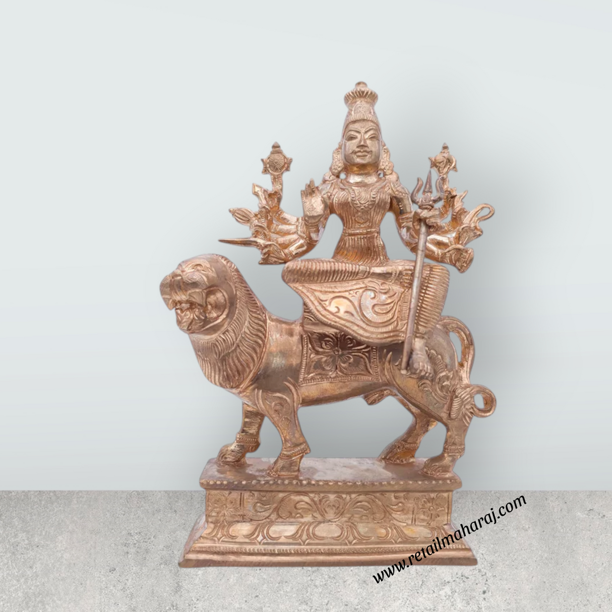 Durga Idol Sitting On Lion - 10 x 6 Inches | Panchaloha Idol / Durga Murti With 10 Hands for Pooja - Retail Maharaj