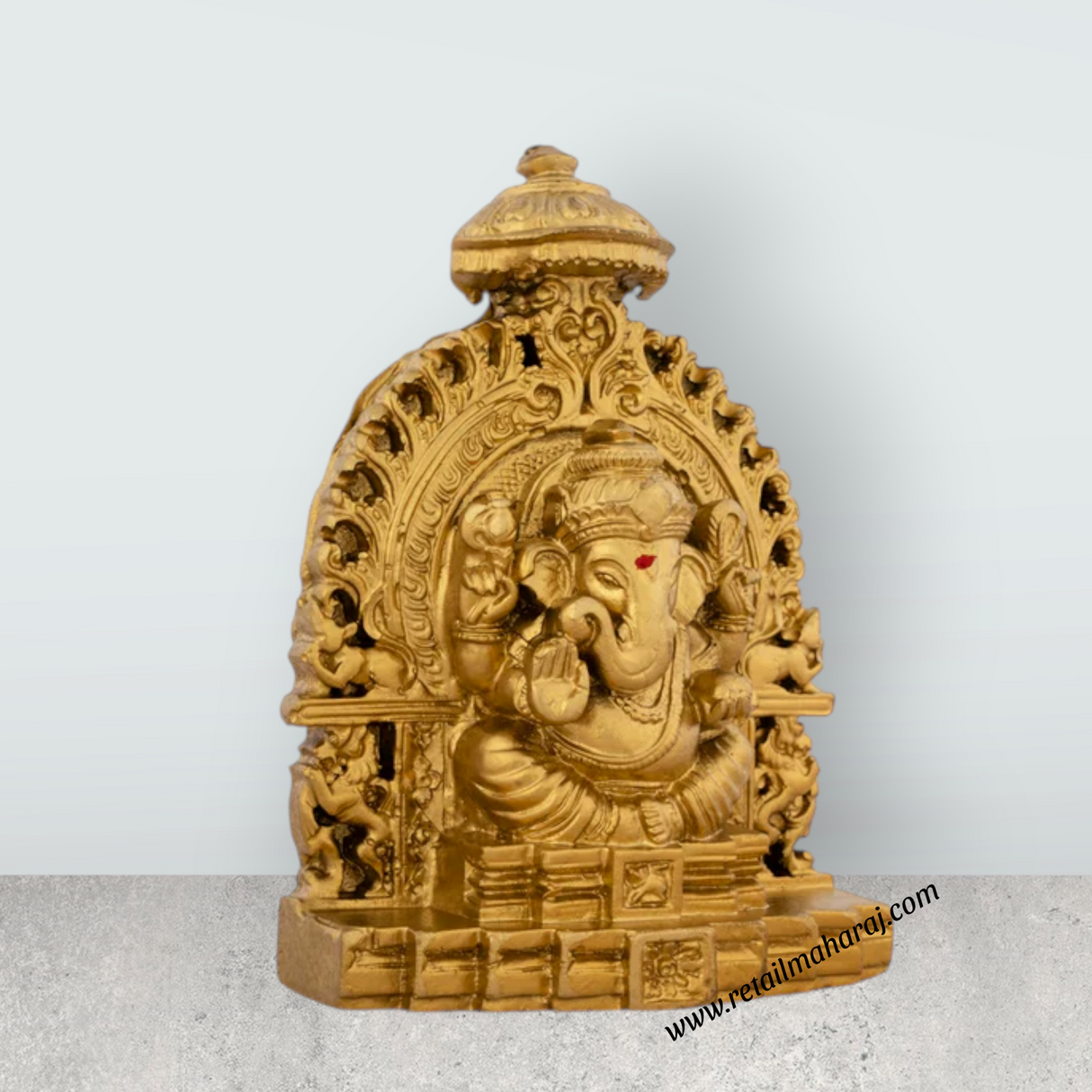 Ganesh Murti Sitting On Simhasan - 5 x 4 Inches | Resin Statue/ Gold Polish Vinayaka Idol for Pooja/ 320 Gms - Retail Maharaj