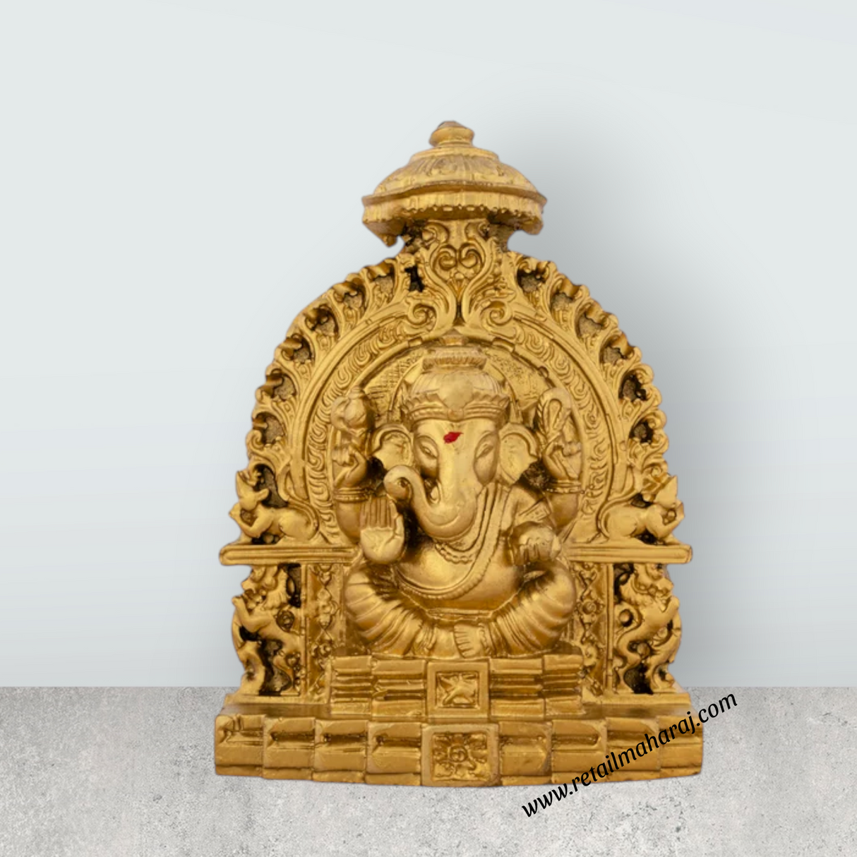 Ganesh Murti Sitting On Simhasan - 5 x 4 Inches | Resin Statue/ Gold Polish Vinayaka Idol for Pooja/ 320 Gms - Retail Maharaj