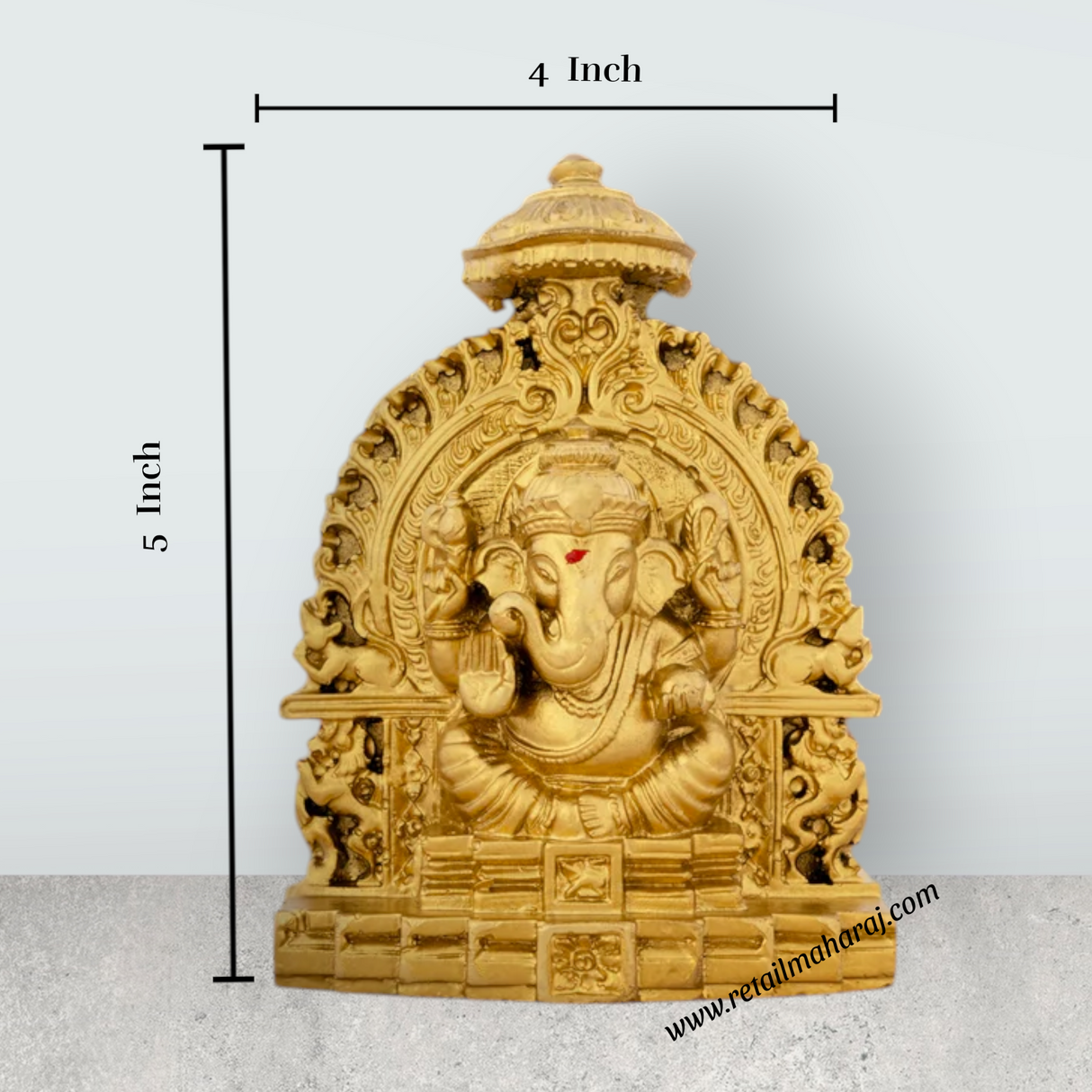 Ganesh Murti Sitting On Simhasan - 5 x 4 Inches | Resin Statue/ Gold Polish Vinayaka Idol for Pooja/ 320 Gms - Retail Maharaj