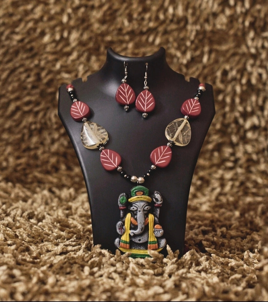 Handcrafted Lord Ganesha Terracotta Necklace Set – Divine Ganesha Pendant with Matching Earrings - Retail Maharaj
