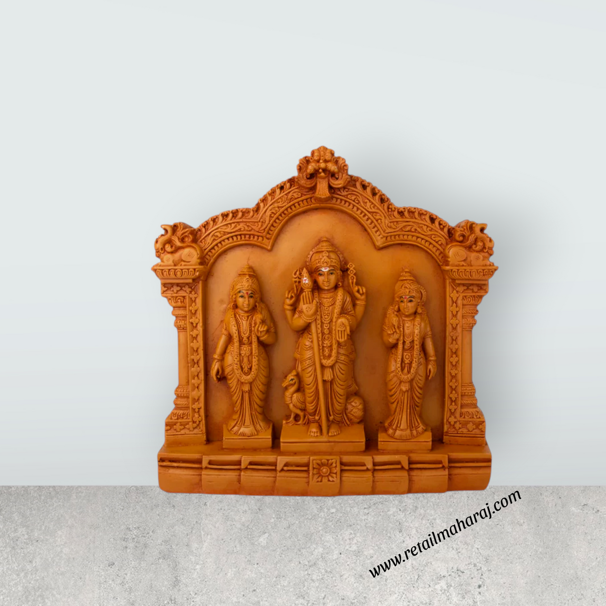 Murugar with Valli Deivanai Statue with Arch - 8 x 8 Inches | Wooden Polish Murugan Valli Deivanai Statue for Pooja
