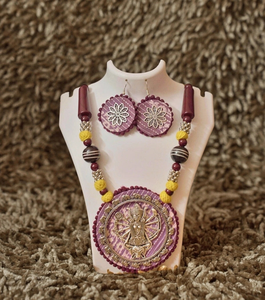 Goddess Durga Handcrafted Necklace Set – Oxidized Metal Pendant with Terracotta Beads & Floral Earrings - Retail Maharaj