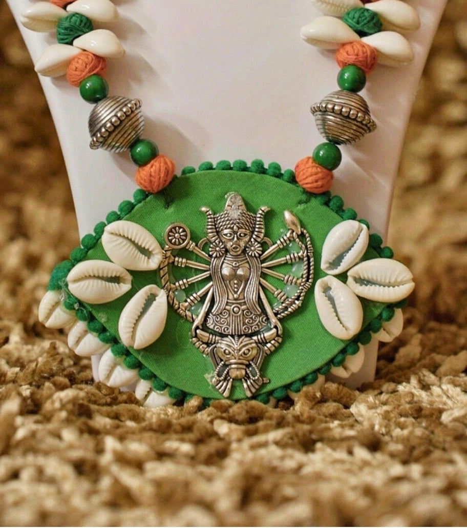 Tribal Cowrie Shell Durga Necklace | Handcrafted Green Fabric Necklace with Durga Motif & Cowrie Shells - Retail Maharaj