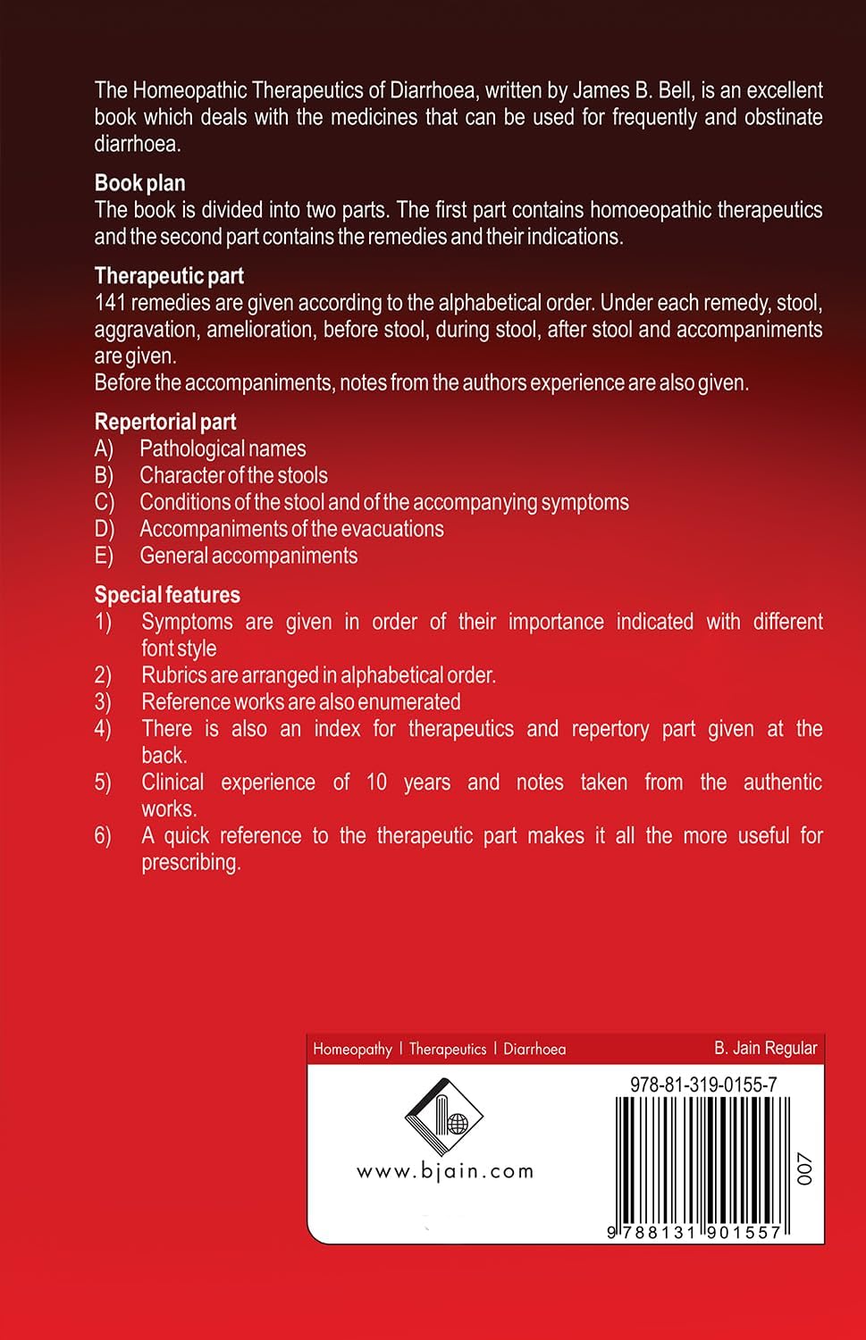 The Homoeopathic Therapeutics of Diarrhoea - Dysentery, Cholera Morbus, Choleera Infantum and all Other Loose Evacuations of the Bowels - Retail Maharaj