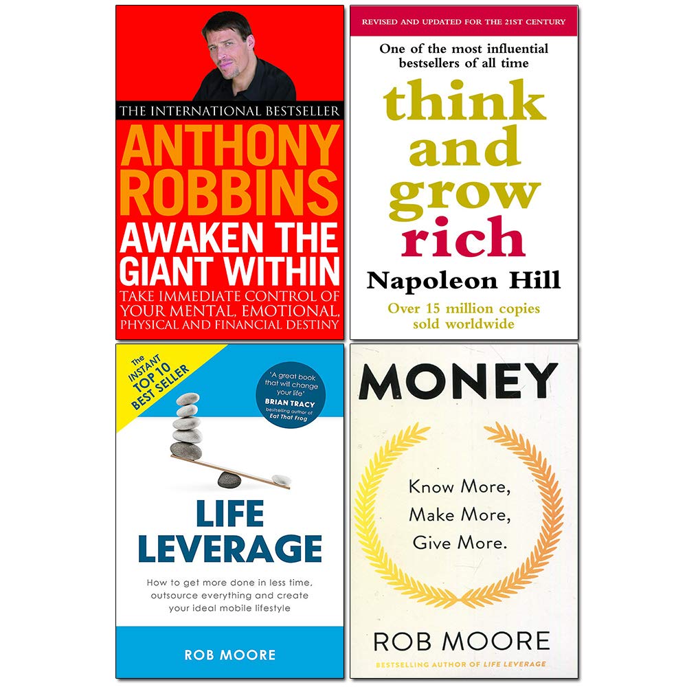Think And Grow Rich, Money Know More Make More Give More, Life Leverage, Awaken The Giant Within 4 Books Collection Set - Retail Maharaj