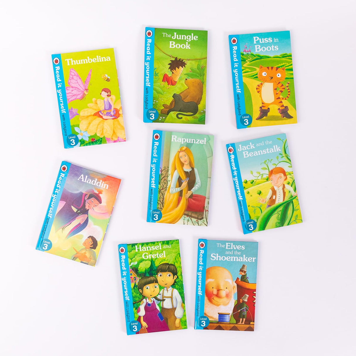 Ladybird Read It Yourself Tuck Box Level 3: 8 Books Box Set (The Elves and the Shoemaker, Hansel and Gretel, Jack and the Beanstalk, Rapunzel, Aladdin, Puss in Boots, The Jungle Book, Thumbelina) - Retail Maharaj