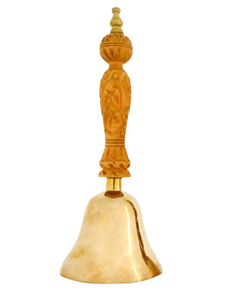 Big Puja Bell with Carved Wooden Handle – Large Bronze Bell for Spiritual Rituals - Retail Maharaj