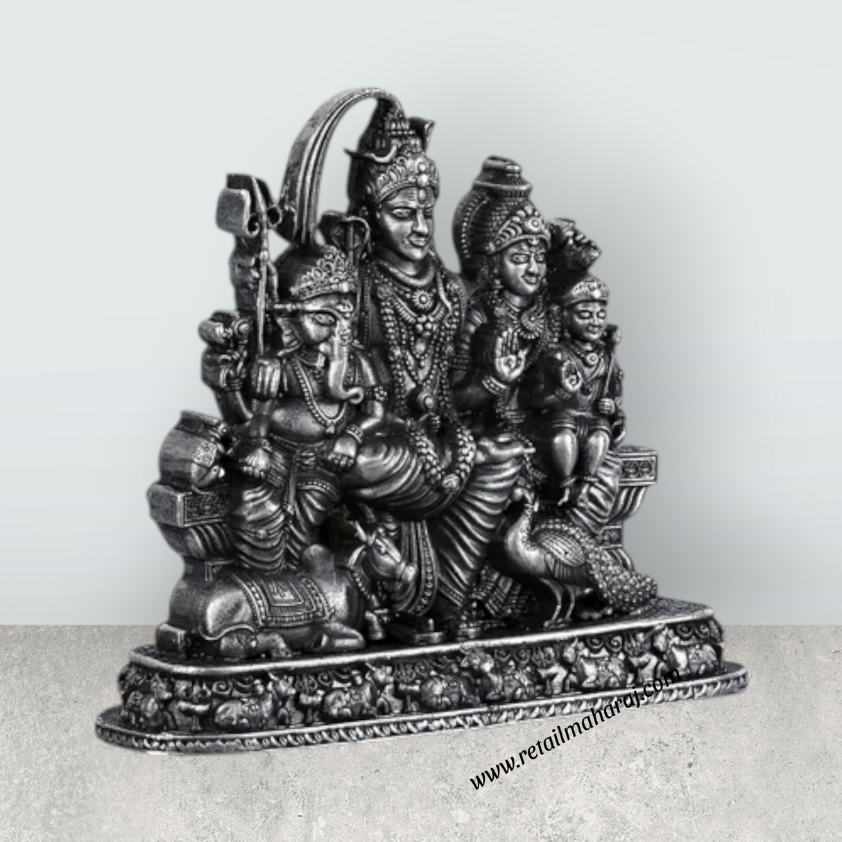 Shiv Family Murti With Base - 2.5 X 2.25 Inches | Silver Idol/ Antique Polish Shiva Family Statue For Pooja - Retail Maharaj